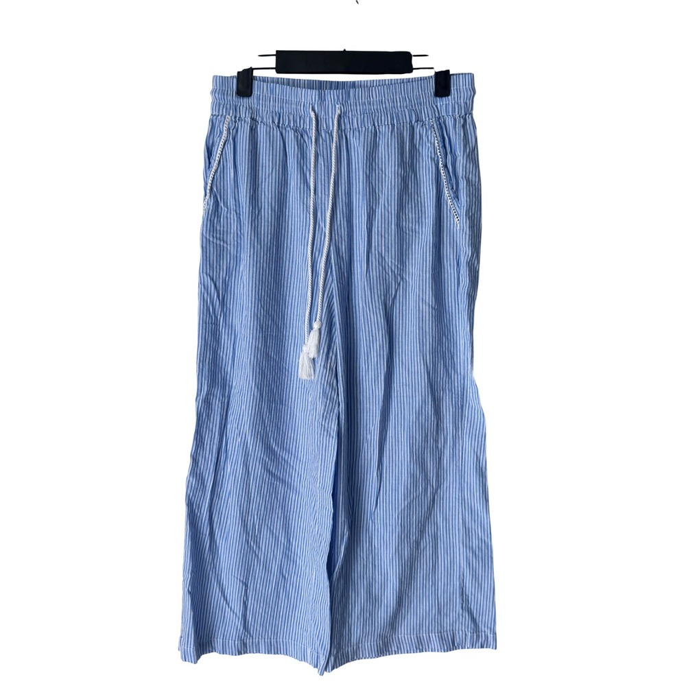 P.J. Salvage Blue White Striped Wide Leg Cotton Pants Tassel Drawstring Small